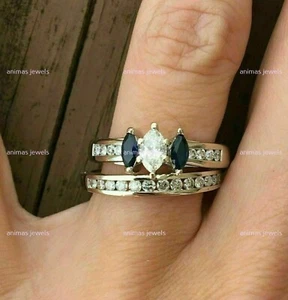 2 CT Marquise Lab-Created Sapphire Bridal Wedding Ring Set 925 Sterling Silver - Picture 1 of 8