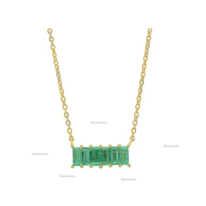 14k Solid Yellow Gold 6 Baguette Natural Emerald Mini Bar Chain Necklace Pendant - Picture 1 of 4