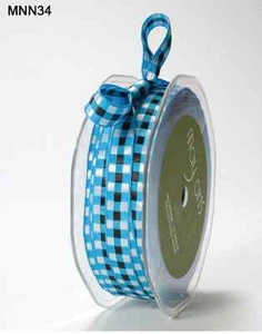 3/8" SOLID/WOVEN CHECK Ribbon-May Arts - MNN34 -Turquoise/Black/White - 50 Yds - Picture 1 of 1