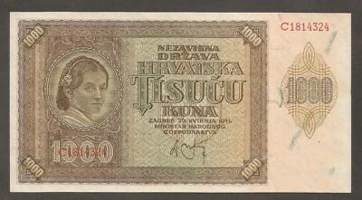 Croatia 1000 Kuna 26.5.1941; UNC; P-4, BNB-B104a; Woman; Mountains; WWII - Image 1 of 2