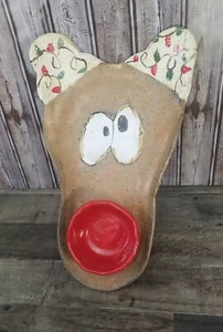 Rudolph Reindeer Studio Pottery Serving Platter Cute Holiday Dish Signed JL - Picture 1 of 13