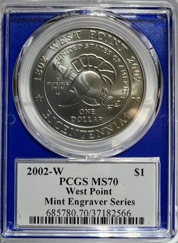 2002 W WEST POINT SILVER COMMEM DOLLAR $1 PCGS MS70 J MERCANTI SIGNED BLUE CORE Cover