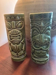2 Vtg. Tiki Mugs ~ Green Glazed Smiling Big Nose, OMC & Orchids of Hawaii Japan - Bild 1 von 15