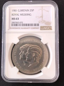 Great Britain England 1981 25 Pence Royal Wedding Diana and Charles NGC MS63 - Picture 1 of 4