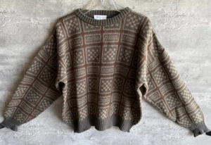 Maglione Vintage Silvano Marrone Misto Lana di Agnello Geometrico Taglia L Made in Italy - Foto 1 di 6