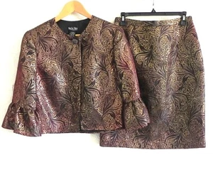 Vtg Night Way Collections Skirt Suit Semi-Crop Jacket Metallic Bronze Size 8 - Picture 1 of 14