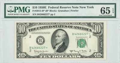 FR #2015-B* $10 1950E Federal Reserve Note New York Gem Unc 65 EPQ PMG 947115-11 - Image 1 of 3