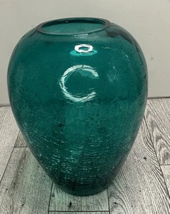 Jarrón de vidrio soplado moderno de mediados de siglo CRACKLE rosetón verde azulado 6" - Imagen 1 de 10