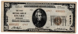 1929 $20 TYPE 2 CH#6947 THE FIRST NATIONAL BANK OF STUART NEBRASKA NATIONAL BANK - Picture 1 of 2