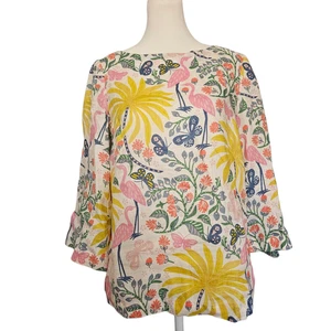 Boden 100% Leinen Damen Oberteil Gr. US 2 UK 6 weiß Blumen Vogel Pullover tropisch - Bild 1 von 10