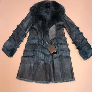 MASABARDO Blue Fox and Rabbit Fur Coat L Size Unused Tags Luxury  Outerwear Cozy - Picture 1 of 24
