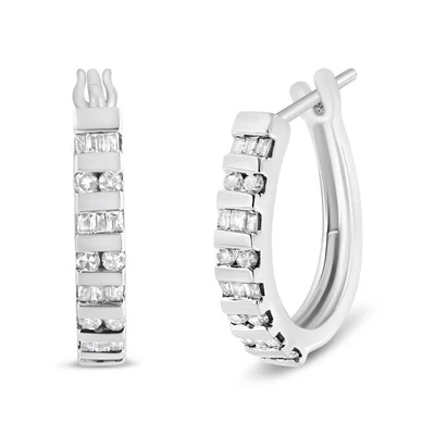 Real Diamond Alternating Round and Baguette Hoop Earrings in 10K Gold - Image 1 of 2