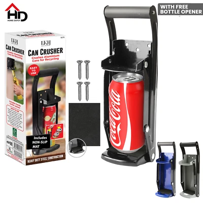 HOME SMART Can Crusher Wall Mounted Recycling Tool Large Beer Tin Bottle Opener 16oz 500ml