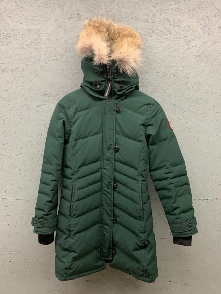 Casaco de inverno feminino Canada Goose Lorette Parka XS verde com capuz acolchoado - Imagem 1 de 4