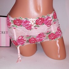Victoria Secret Garter Belt Small Pink Floral Lace Bling Roses Lingerie Skirted 