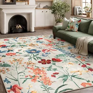 Beige Area Rug 6x9 Floral Washable Living Room Kitchen Boho Carpet Non Slip L... - Picture 1 of 9