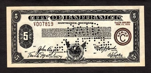 Hamtramck, Michigan $ 5 Depression Skript 1934-A ohne gestempelt Ch UNC selten - Bild 1 von 2