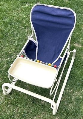 Antique Vintage 1950s Cosco Baby Metal Bouncer Navy Blue Wooden Beads Bell Tray - Image 1 of 4