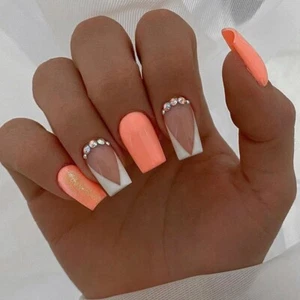 (USA SELLER) SQUARE SHORT *ORANGY BABE * PRESS NAILS SUPER HOLD GLUE LAST LONG - Picture 1 of 6
