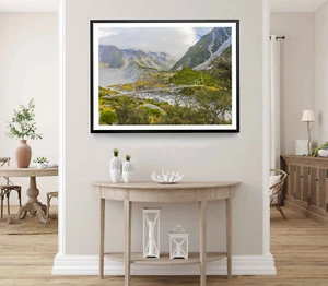 Mountain Print, Forest Wall Art, Cloudy Sky Framed Nature Wall Art, Natural - Picture 1 of 5