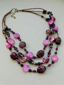 NEU💎Kette Modekette Collier 3-reihig Perlmutt Muschel-/Glasperlen lila Bohemian - Bild 1 von 12