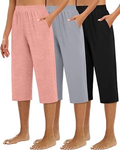 Huukeay 3 Pack Women's Capri Sweatpants, Cozy Wide Legs Cropped Capri with - Picture 1 of 7