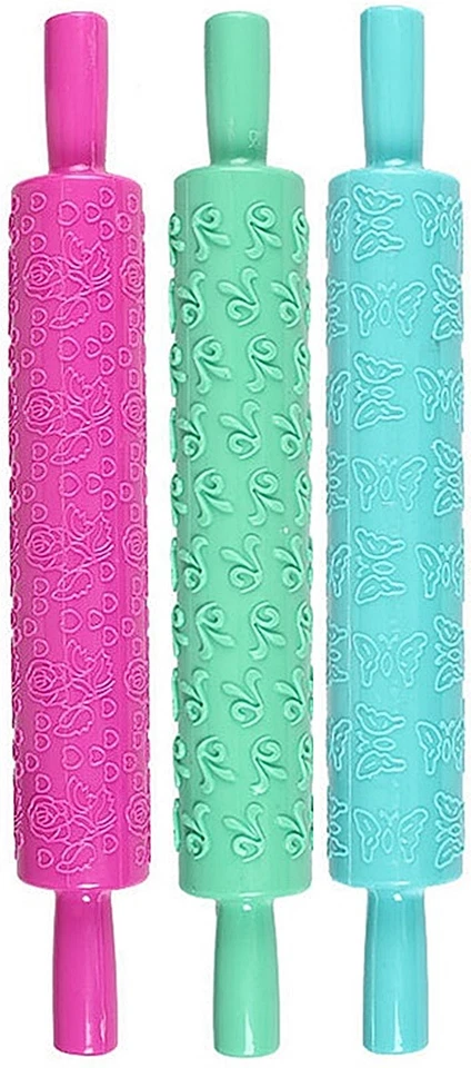 Embossed Rolling Pins x3 Cake Decorating Pastry Fleur de Lys Rose Butterflies S1 - Image 1 of 4