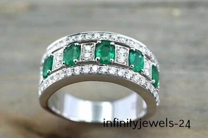 2CT Oval Cut Real Green Emerald 14K White Gold Over Engagement Wedding Band Ring - Picture 1 of 7