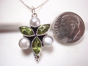 Faceted Peridot and Cultured Pearl 925 Sterling Silver 6-Gem Necklace - Picture 1 of 3