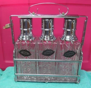 Mid Century Chrome Metal Caddy Cut Glass Decanter Liquor Pump Set 3 Tags 2 Sided - Picture 1 of 9