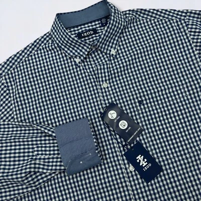 NOVA Camisa Masculina IZOD M Azul Branca Gingham Xadrez Botão para Baixo Punho Flip Elástico - Imagem 1 de 4