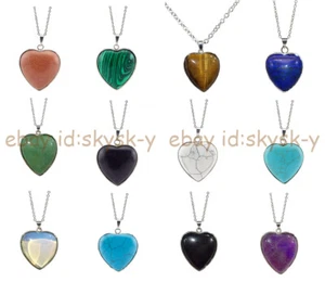 Natural Gemstone Healing 16mm Love Heart Pendant 925 Silver Chain Necklace 17'' - Picture 1 of 26