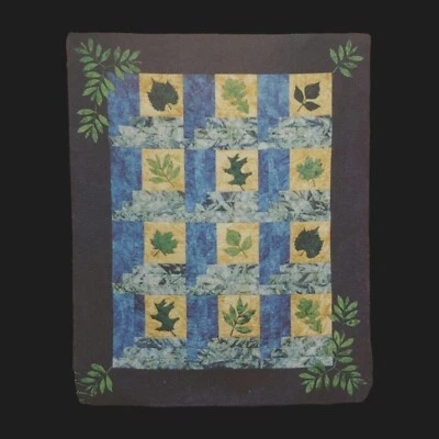 Botanical Leaf Grid Applique Quilt Pattern, 56x70 vtg 1990s Nature Trees Cottage - Image 1 of 4
