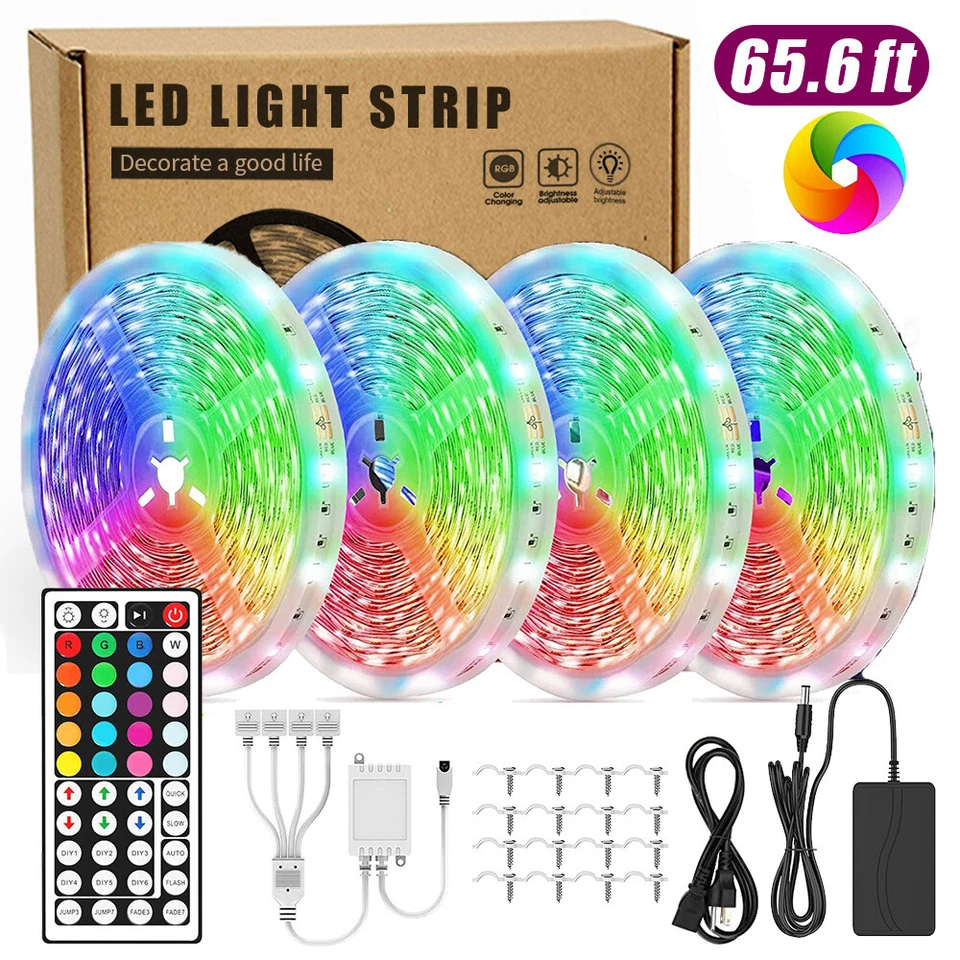 65.6FT RGB Led Strip Lights Waterproof Flexible with 44 Keys Remote 12V US Power - Image 1 of 4