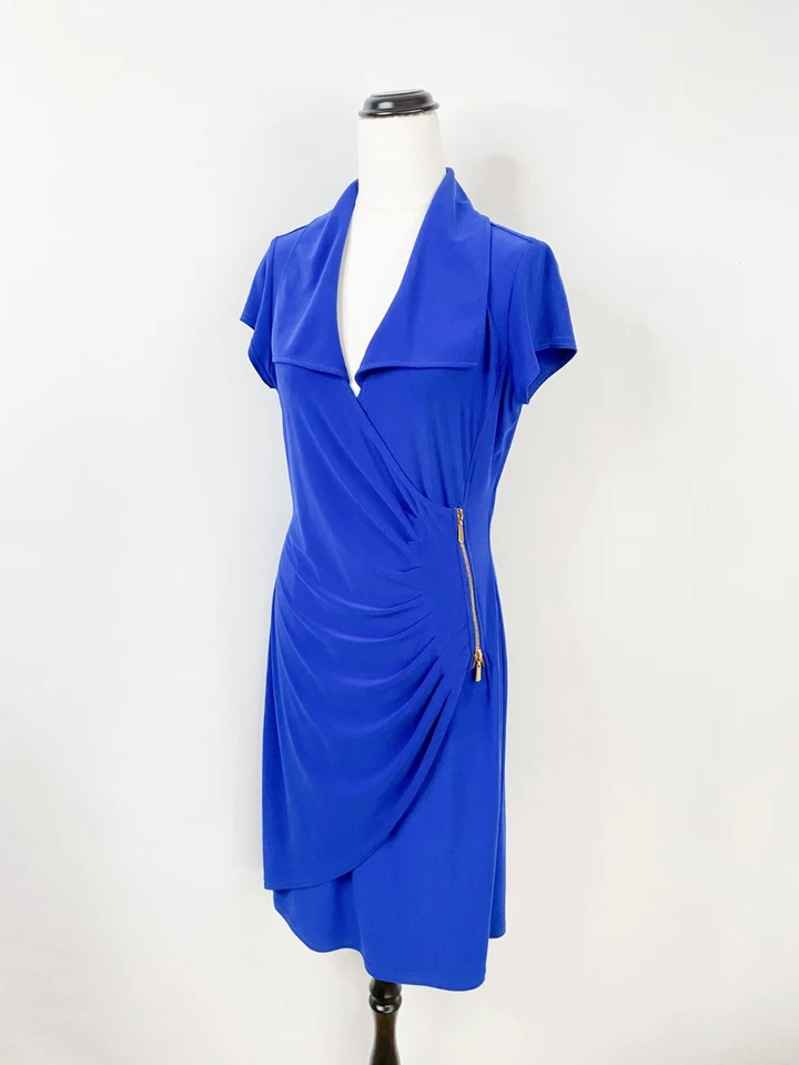 JOSEPH RIBKOFF jersey bodycon dress sz 12 / gold zip ruched faux-wrap blue - Image 1 of 4