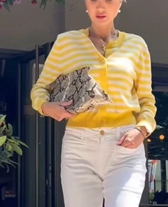 ZARA YELLOW WHITE STRIPED KNIT CARDIGAN SIZE S - Picture 1 of 15