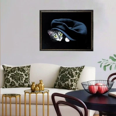 Оригинальная картина маслом на бархате холст кошка подписанная художником в рамке 12x16 дюймов - Изображение 1 из 3