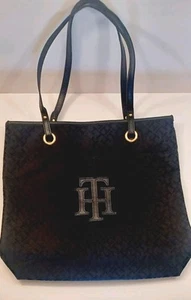 Tommy Hilfiger Shoulder Bag Tote Purse Large Square Black Monogram - Picture 1 of 9