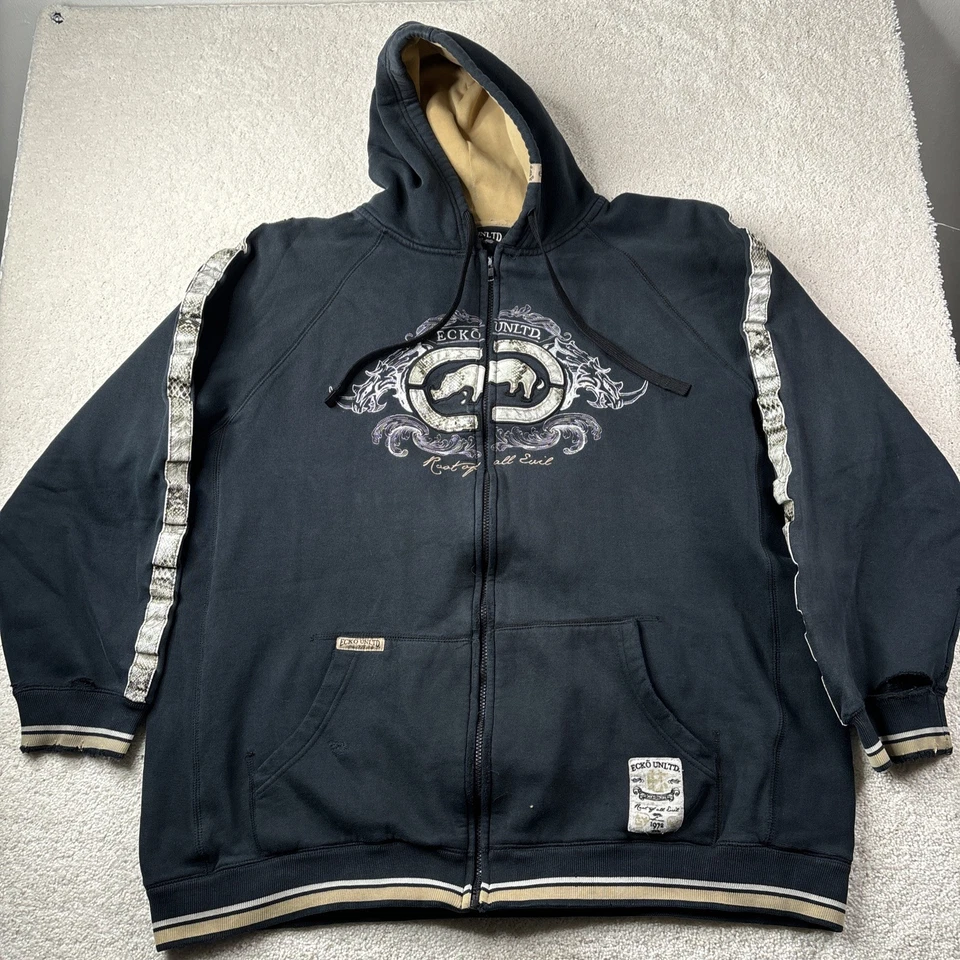 Ecko Unltd. Hooded Jacket Size 3XL Embroidered Root Of All Evil Snake Print Hole - Image 1 of 4
