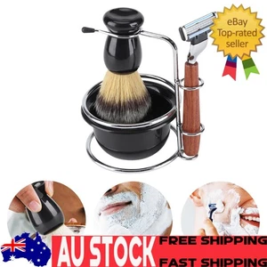 Wood Handle Razor & Badger Brush with Stand & Bowl - 4Pcs Shaving Kit - Picture 1 of 18