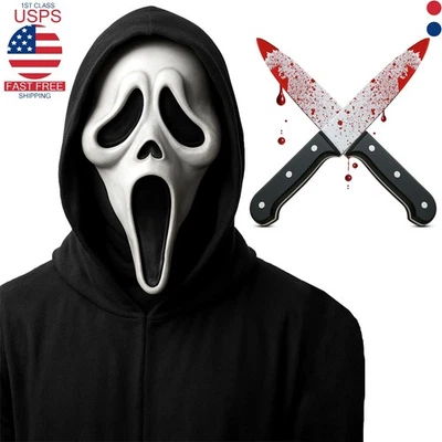 Scream Ghost Face Hooded Mask with 2 Bloody Knife Halloween Costume Screamer Set - Image 1 of 4