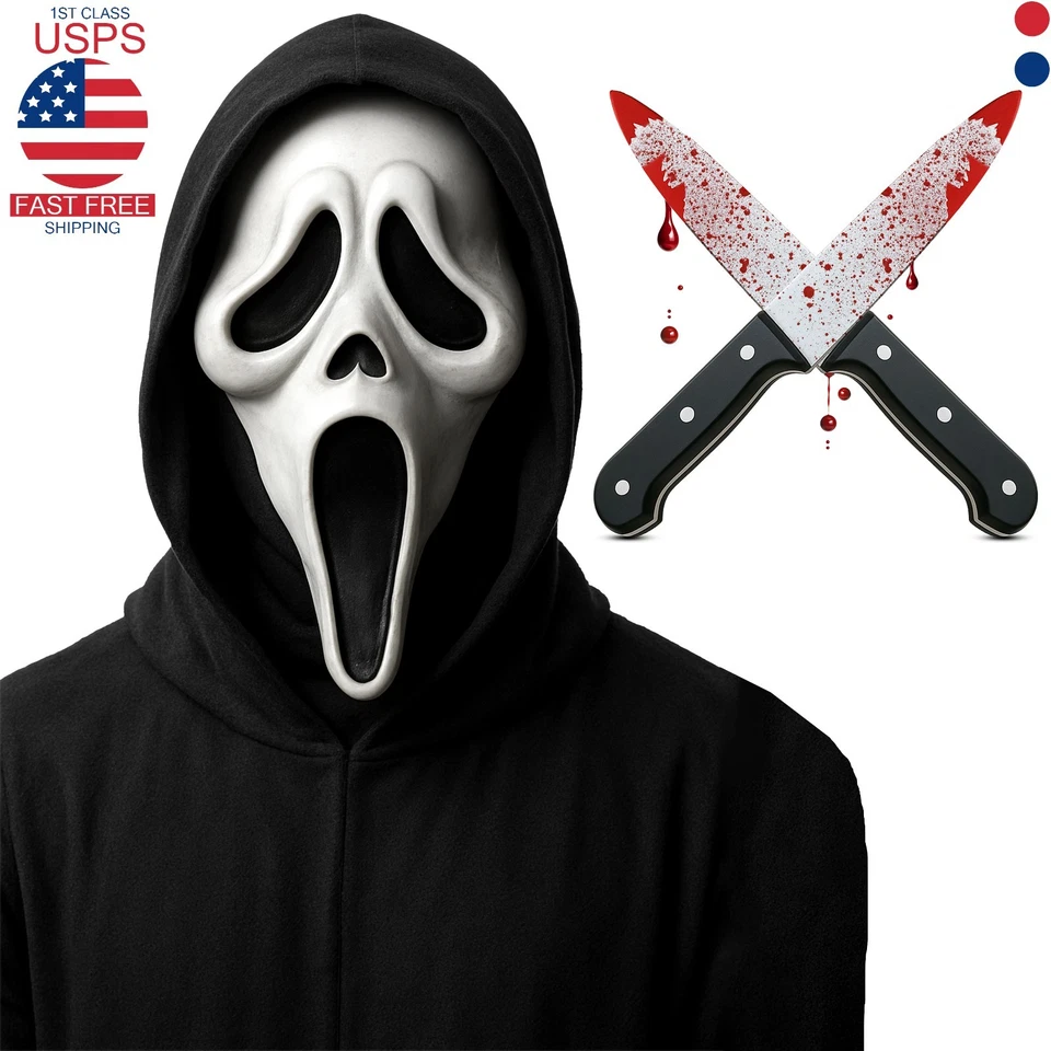 Scream Ghost Face Hooded Mask with 2 Bloody Knife Halloween Costume Screamer Set - Image 1 of 4