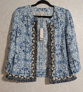 Chico’s Blue Linen Swirl Open Front Jacket Size Small-0 Fringe Coastal Artsy - Picture 1 of 9