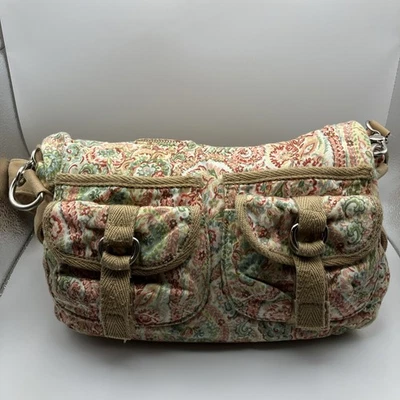 Винтажный ископаемого холст желтовато-коричневый цветочный внутренний карманы плеча/через плечо Дамская сумка сумочка - Изображение 1 из 4