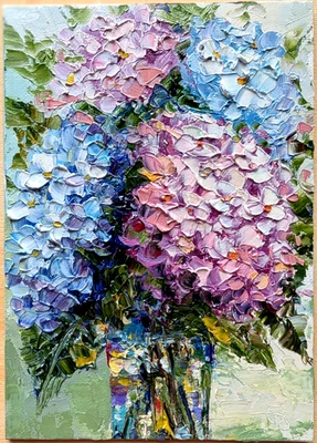 Pintura al óleo original "Hortensia en florero" impasto 7"x 5" de Olga Diduh. Foto 1 de 4
