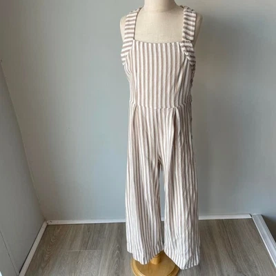 Mayoral White and Beige Striped Palazzo Jumpsuit with Strappy Back Preppy Beach  - Image 1 of 4