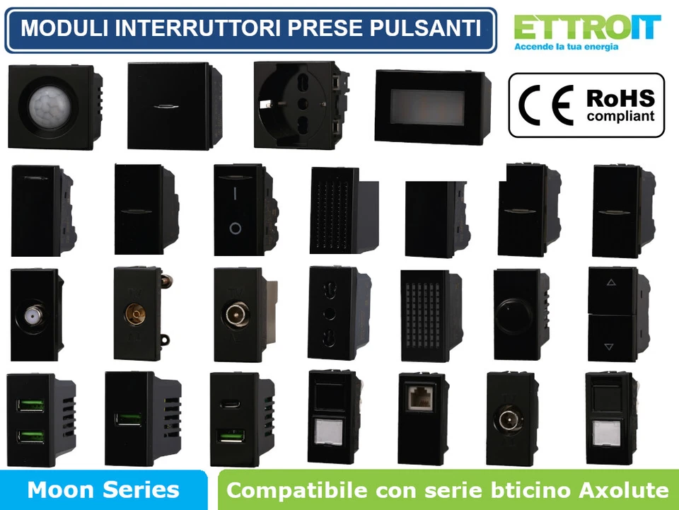 ETTROIT MODULI PRESE INTERRUTTORI SHUCKO COMPATIBILE BTICINO SERIE AXOLUTE COLORE NERO