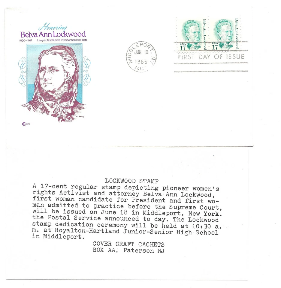 2178 17c Belva Ann Lockwood, Cover Craft Cachets, CCC, FDC - Image 1 of 1