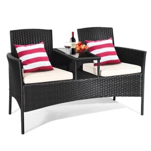 Costway Patio Conversation Set Black 1-Piece Rattan Wicker Sofa w/White Cushion - Picture 1 of 6