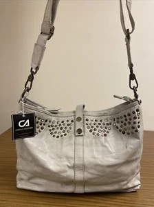 CADELLE White Beige Distressed Studded Leather Shoulder Bag Handbag BNWD B30 - Picture 1 of 10